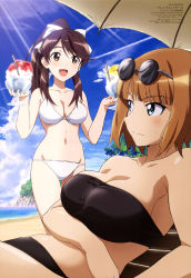 Rule 34 | 2girls, :d, absurdres, alternate costume, alternate hairstyle, artist request, bandeau, bare arms, bare shoulders, beach, beach chair, beach umbrella, bikini, black bikini, black hair, blue eyes, blunt bangs, blush, bow, brave witches, breast hold, breasts, brown eyes, brown hair, chair, cleavage, closed mouth, cloud, collarbone, day, eyewear on head, female focus, food, groin, gundula rall, hair bow, hands up, highres, holding, horizon, karibuchi takami, large breasts, long hair, looking at another, lying, medium breasts, midriff, multiple girls, navel, neck, ocean, official art, on back, open mouth, outdoors, ponytail, scan, shaved ice, shiny skin, short hair, sidelocks, sky, smile, standing, strapless, strapless bikini, sunglasses, sunlight, swimsuit, thigh gap, tree, umbrella, water, white bikini, white bow, world witches series