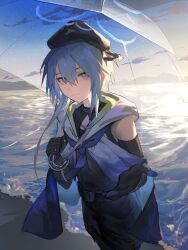 Rule 34 | 1boy, arknights, belt, belt buckle, beret, black belt, black gloves, black hat, black shirt, black shorts, blue cape, blue hair, buckle, cape, closed mouth, cowboy shot, elbow gloves, gloves, gradient cape, gradient hair, hair between eyes, hat, highres, holding, holding umbrella, hood, hood down, hooded cape, infection monitor (arknights), light smile, looking at viewer, male focus, mizuki (arknights), multicolored hair, pink eyes, pink hair, shirt, short hair with long locks, shorts, sleeveless, sleeveless shirt, solo, transparent, transparent umbrella, umbrella, white cape, yizhifeichaiqishi