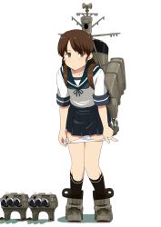 Rule 34 | 10s, 1girl, anchor, blue skirt, brown eyes, brown hair, brown socks, collared shirt, highres, kantai collection, kneehighs, kozou (rifa), low twintails, machinery, neckerchief, panties, panty pull, parted bangs, pleated skirt, pulled by self, removing panties, sailor collar, school uniform, serafuku, shirayuki (kancolle), shirt, short hair, short sleeves, short twintails, simple background, skirt, smokestack, socks, solo, standing, torpedo, turret, twintails, underwear, undressing, white background, white panties