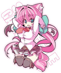 Rule 34 | 1girl, animal ears, arms up, belt, blush, breasts, crazy developers, demon wings, fang, green eyes, hair intakes, highres, long hair, necktie, open mouth, original, panties, pink hair, ponytail, school uniform, skirt, solo, souffle camberetto, souffle gamberetto, striped clothes, striped panties, tail, thighhighs, underwear, very long hair, wings