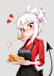 Rule 34 | 1girl, :t, apron, black apron, blunt bangs, blush, breasts, closed mouth, collarbone, commentary request, demon girl, demon horns, demon tail, eating, food, fork, grey background, hand up, heart, helltaker, highres, holding, holding fork, holding plate, horns, looking at viewer, lucifer (helltaker), medium breasts, medium hair, mole, mole under eye, nose blush, overlord (overlord80000), pancake, plate, ponytail, red eyes, red shirt, shirt, signature, simple background, small hands, solo, tail, upper body, white hair, white horns