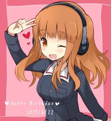 Rule 34 | 10s, 1girl, ;d, arm behind back, blue jacket, commentary, dated, english text, girls und panzer, happy birthday, headphones, heart, jacket, long hair, long sleeves, looking at viewer, military, military uniform, one eye closed, ooarai military uniform, open mouth, orange eyes, orange hair, salute, shuuichi (gothics), smile, solo, standing, takebe saori, two-finger salute, uniform, upper body, v