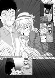 Rule 34 | 10s, alternate costume, arm hug, casual, comic, commentary, dress, emphasis lines, english text, greyscale, hat, highres, jacket, kantai collection, kashima (kancolle), locked arms, monochrome, profanity, robba-san (wangphing), scared, sign, skeleton, tearing up, twitter username, wangphing
