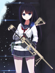 Rule 34 | 1girl, assault rifle, bad id, bad pixiv id, black hair, black skirt, blue eyes, bolt action, gloves, gun, highres, holding, holding gun, holding weapon, long hair, looking at viewer, original, pleated skirt, rifle, school uniform, scope, skirt, smile, sniper rifle, solo, unscpro, weapon