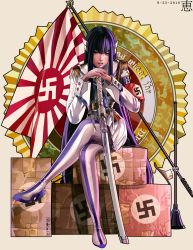 Rule 34 | 10s, 1girl, absurdres, armband, bad id, bad pixiv id, black hair, blue eyes, boots, box, commentary, crossed legs, epaulettes, eyebrows, flag, hair ornament, hairclip, high heel boots, high heels, highres, kill la kill, kiryuuin satsuki, lips, long hair, megumi cv, nazi, nose, planted, planted sword, planted weapon, realistic, sheath, sheathed, sitting, solo, swastika, sword, thick eyebrows, thigh boots, thighhighs, uniform, weapon
