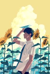 Rule 34 | 1boy, absurdres, black hair, blue necktie, cloud, collared shirt, earrings, expressionless, flower, grey eyes, hand in pocket, highres, jewelry, kanai (nai nai), male focus, necktie, original, paper airplane, profile, shirt, sky, solo, summer, sunflower, upper body, white shirt, yellow sky