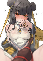 Rule 34 | 1girl, artist request, bare shoulders, black hair, black survival, china dress, chinese clothes, dress, eternal return: black survival, li dailin, looking at viewer, nail polish, solo, thighs, third-party source, yellow eyes, yellow nails
