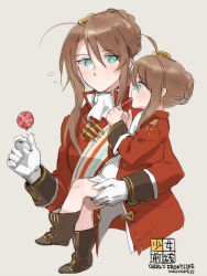 Rule 34 | artist name, boots, braid, brown footwear, brown hair, bullet, candy, carrying, coat, copyright name, cuffs, dual persona, eating, blush, food, french braid, girls&#039; frontline, gloves, green eyes, hair ornament, knee boots, lee-enfield (girls&#039; frontline), lollipop, looking at another, personification, red coat, short hair, simple background, sketch, soramame (corndog), sweatdrop, text focus, time paradox, white gloves, aged down