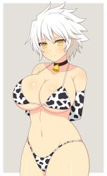 Rule 34 | 1girl, absurdres, animal print, arms behind back, bell, bikini, breasts, choker, cleavage, collarbone, commentary request, cow print, elbow gloves, feet out of frame, frown, gloves, highres, ichiryuu tsumiki, large breasts, miyabi (senran kagura), navel, neck bell, senran kagura, short hair, solo, spiked hair, swimsuit, thighs, yellow eyes