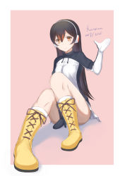 Rule 34 | 1girl, artist name, ass, between legs, black hair, boots, breasts, commentary request, dated, dot nose, gentoo penguin (kemono friends), hair between eyes, hand between legs, headphones, highres, jacket, kaname (melaninusa09), kemono friends, long hair, long sleeves, looking at viewer, medium breasts, penguins performance project (kemono friends), pink background, red ribbon, ribbon, simple background, sitting, sleeves past wrists, smile, yellow footwear