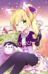 Rule 34 | 1girl, ;d, animal ear fluff, animal ears, ass, black gloves, black thighhighs, blonde hair, blurry, blurry background, blush, bow, bowtie, breasts, buttons, collared shirt, commentary request, cropped jacket, fence, frilled thighhighs, frills, gloves, green eyes, hair bow, headpat, high ponytail, highres, himarisu (hida mari), holding, jacket, layered skirt, long hair, looking at viewer, medium breasts, night, night sky, one eye closed, open mouth, original, outdoors, panties, pantyshot, purple bow, purple bowtie, purple jacket, purple skirt, sheep, shirt, short sleeves, sidelocks, sitting, skirt, sky, smile, solo, sparkle, star (sky), starry sky, tail, thighhighs, underbust, underwear, wand, white panties, white shirt