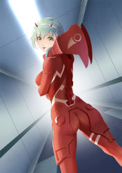 Rule 34 | 10s, 1girl, :p, aqua eyes, aqua hair, bodysuit, cosplay, darling in the franxx, from behind, horns, kantai collection, long hair, looking back, oni horns, pilot suit, red bodysuit, red horns, solo, suzuya (kancolle), tongue, tongue out, yamakou (yamakou e2), zero two (darling in the franxx), zero two (darling in the franxx) (cosplay)