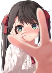 Rule 34 | 1girl, absurdres, black hair, blouse, blue eyes, blurry, blurry background, blush, center frills, closed mouth, commentary request, depth of field, embarrassed, frilled shirt, frills, hair ribbon, hand on own cheek, hand on own face, highres, hololive, long hair, long sleeves, oozora subaru, oozora subaru (casual), outstretched arm, reaching, reaching towards viewer, red ribbon, ribbon, shirt, simple background, solo, starkamisan, twintails, upper body, virtual youtuber, white background, white shirt