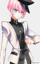 Rule 34 | 1girl, androgynous, blue eyes, crossdressing, grey background, hat, high collar, hou (ppo), looking at viewer, official alternate costume, pink hair, reverse trap, school uniform, short hair, shoujo kakumei utena, shoujo kakumei utena adolescence mokushiroku, simple background, solo, tenjou utena