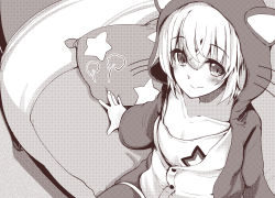 Rule 34 | 1girl, animal ears, animal hood, azur lane, bataan (azur lane), bataan (comfy cotton jammies) (azur lane), bed, bed sheet, blush, breasts, cat hood, cat pajamas, collarbone, commentary request, fake animal ears, from above, greyscale, hood, looking at viewer, monochrome, on bed, pajamas, pillow, short hair, sitting, small breasts, smile, solo, takara akihito, whiskers