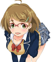 Rule 34 | 10s, 1girl, :d, ahoge, bent over, blazer, blue skirt, blush, bow, bowtie, breasts, breasts squeezed together, brown hair, buttons, cleavage, collared shirt, glasses, gorohati, green eyes, hair ornament, hairclip, idolmaster, idolmaster cinderella girls, jacket, long sleeves, looking at viewer, medium breasts, miniskirt, mole, mole under mouth, open clothes, open jacket, open mouth, over-rim eyewear, parted bangs, plaid, plaid skirt, pocket, red-framed eyewear, school uniform, semi-rimless eyewear, shirt, short hair, simple background, sketch, skirt, smile, solo, striped, swept bangs, tsuchiya ako, v arms, white background, white skirt
