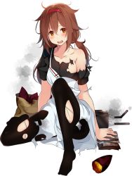 Rule 34 | 1girl, alternate costume, apron, black legwear, breasts, brown eyes, brown hair, collarbone, full body, hair flaps, hairband, kantai collection, kujou ichiso, long skirt, medium breasts, official art, open mouth, potato, red hairband, shiratsuyu (kancolle), shiratsuyu kai ni (kancolle), short hair, skirt, smoke, solo, torn clothes, transparent background, turret, twintails