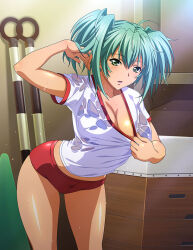 Rule 34 | 1girl, ahoge, aqua hair, bare arms, bare legs, bra visible through clothes, breasts, buruma, cleavage, collarbone, green eyes, gym uniform, hair between eyes, ikkitousen, indoors, large breasts, leaning forward, long hair, open mouth, red buruma, ryofu housen, shiny skin, shirt, short sleeves, solo, sweatdrop, twintails, wet, wet clothes, wet shirt, white shirt