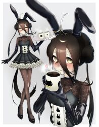 1girl a4_(a4_eishi) absurdres animal_ears black_dress black_footwear black_gloves black_hair black_pantyhose blush coffee coffee_mug cup double_bun dress drink elbow_gloves fake_animal_ears frilled_dress frills gloves hair_between_eyes hair_bun heart highres holding holding_tray horse_girl manhattan_cafe_(umamusume) mug multiple_views nose_blush pantyhose rabbit_ears steam tray umamusume yellow_eyes