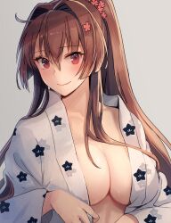 Rule 34 | 1girl, alternate costume, blush, breasts, brown hair, cherry blossoms, cleavage, closed mouth, collarbone, commentary request, flower, grey background, hair between eyes, hair flower, hair intakes, hair ornament, highres, japanese clothes, kantai collection, kasumi (skchkko), kimono, large breasts, long hair, looking at viewer, open clothes, ponytail, red eyes, sidelocks, simple background, smile, solo, sweat, upper body, very long hair, yamato (kancolle), yukata