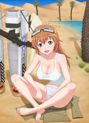 Rule 34 | 1girl, barefoot, blue eyes, breasts, browning automatic rifle, charlotte e. yeager, cleavage, feet, gebo, goggles, goggles on head, gun, indian style, large breasts, machine gun, open mouth, orange hair, panties, sand, sitting, smile, solo, strike witches, striker unit, tank top, underwear, weapon, world witches series