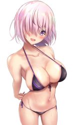 Rule 34 | 1girl, alternate costume, arms behind back, bare shoulders, bikini, black bikini, blush, breasts, cleavage, fate/grand order, fate (series), hair over one eye, highres, large breasts, light purple hair, looking at viewer, mash kyrielight, navel, open mouth, purple bikini, purple eyes, short hair, simple background, smile, solo, sweat, swimsuit, thighs, two-tone bikini, untue, white background