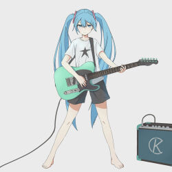 Rule 34 | 1girl, amplifier, barefoot, blue eyes, blue hair, cable, full body, guitar, hatsune miku, highres, holding, holding guitar, holding instrument, instrument, keika (otsukare), long hair, looking at viewer, shirt, short sleeves, shorts, smile, solo, star (symbol), star print, t-shirt, twintails, vocaloid