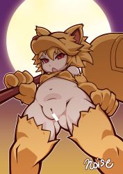 Rule 34 | 1girl, absurdres, artist name, bar censor, bell, blonde hair, bottomless, breasts, censored, cleft of venus, commentary request, commission, fang, feet out of frame, fox girl, fox hat, from below, full moon, gluteal fold, halterneck, highres, holding, holding staff, looking at viewer, looking down, moon, moonlight flower, no panties, noise (lesion949), open mouth, pussy, ragnarok online, red eyes, second-party source, short hair, skeb commission, small breasts, solo, staff