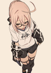 Rule 34 | 1girl, ahoge, artoria pendragon (fate), bike shorts, braid, brown eyes, fate/grand order, fate (series), french braid, fu-ta, glasses, gym uniform, jacket, mysterious heroine x alter (fate), mysterious heroine x alter (second ascension) (fate), off shoulder, pink hair, simple background, solo, thighhighs, track jacket, translated