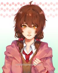 Rule 34 | ahoge, artist name, blush, brown hair, collared shirt, hair bobbles, hair ornament, hood, hooded jacket, jacket, long sleeves, looking at viewer, low twintails, necktie, open clothes, open jacket, original, pink jacket, red necktie, ruuto-kun, shirt, short twintails, twintails, watermark, web address, white background, white shirt, wing collar, yellow eyes