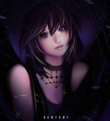 Rule 34 | 1girl, armlet, artist name, bad deviantart id, bad id, bare shoulders, black hair, black theme, breasts, choker, cleavage, closed mouth, dark, glint, hair between eyes, head tilt, long hair, looking at viewer, numyumy, portrait, purple eyes, red lips, small breasts, smile, solo, upper body
