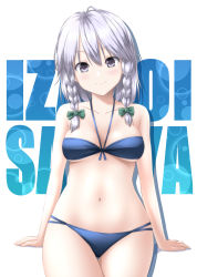 Rule 34 | 1girl, bandeau, bare arms, bare shoulders, bikini, blue bikini, blush, bow, braid, breasts, character name, collarbone, commentary request, cowboy shot, green bow, grey eyes, hair between eyes, hair bow, halterneck, highres, izayoi sakuya, looking at viewer, medium breasts, navel, nori tamago, partial commentary, short hair, silver hair, smile, solo, stomach, swimsuit, thighs, touhou, twin braids, white background