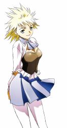 Rule 34 | 1990s (style), 1girl, arms behind back, blonde hair, breasts, character request, cleavage cutout, clothing cutout, cowboy shot, future gpx cyber formula, grey eyes, hisayuki hirokazu, looking at viewer, medium breasts, miniskirt, necktie, pantyhose, race queen, retro artstyle, short hair, simple background, skirt, smile, solo, standing, white background, white pantyhose