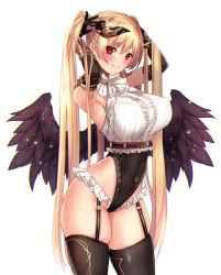 Rule 34 | 1girl, angel wings, armpits, bangle, black gloves, black leotard, black thighhighs, black wings, blouse, blush, bracelet, breasts, collared shirt, commentary request, covered navel, cowboy shot, demon horns, elbow gloves, fallen angel, feathers, garter belt, garter straps, gloves, gold, gold trim, groin, hands up, highleg, highleg leotard, highres, horns, jewelry, large breasts, leotard, long hair, looking at viewer, neck ribbon, original, parted lips, red eyes, red ribbon, ribbon, shirt, short sleeves, sidelocks, simple background, skindentation, smile, solo, thighhighs, thighs, twintails, underbust, untue, very long hair, white background, white shirt, wings