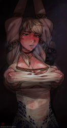 Rule 34 | 1boy, 1girl, arms up, blue eyes, blush, bound, breasts, breasts apart, capcom, choker, commentary, covered erect nipples, debilitas, deep skin, demento, dress, english commentary, fiona belli, groping, heavy breathing, highres, imminent rape, large breasts, lips, medium hair, no bra, ponytail, see-through, solo focus, sweat, tied up, torn clothes, torn dress, wet, wet clothes, wet dress, white dress, yellowroom