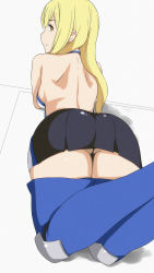 Rule 34 | 10s, 1girl, absurdres, aiz wallenstein, ass, back, backless dress, backless outfit, bare arms, bare back, bare shoulders, black dress, blonde hair, blue thighhighs, breasts, closed mouth, dress, dungeon ni deai wo motomeru no wa machigatteiru darou ka, female focus, from behind, hair between eyes, highres, knee pads, legs, legs up, long hair, looking at viewer, looking back, lying, matching hair/eyes, medium breasts, multicolored clothes, multicolored dress, on stomach, pleated dress, serious, short dress, sideboob, single bare arm, solo, sword oratoria, thighhighs, tonotyama, white background, yellow eyes
