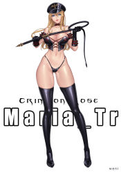 Rule 34 | 1girl, arm belt, black footwear, black gloves, black panties, blonde hair, blue eyes, boots, breasts, character name, collarbone, commission, contrapposto, corset, dominatrix, dungeon and fighter, female gunner (dungeon and fighter), full body, gloves, gluteal fold, hair between eyes, hat, high heel boots, high heels, highres, holding, holding whip, karmiel, large breasts, lips, long hair, looking at viewer, maria tr, navel, panties, parted lips, peaked cap, red lips, simple background, skindentation, solo, standing, stomach, string panties, thigh boots, thighhighs, thong, underwear, whip, white background