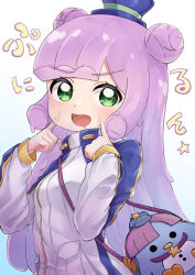 1girl :d animal_bag blue_bag commentary_request double_bun fingers_to_cheeks green_eyes hair_bun hands_up highres index_fingers_raised jacket long_hair long_sleeves looking_at_viewer monster_girl open_mouth pizza_(pizzania_company) puniru_(puniru_wa_kawaii_slime) puniru_wa_kawaii_slime purple_hair see-through_body slime_girl smile solo translation_request upper_body