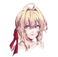 Rule 34 | 1girl, absurdres, ahoge, bare shoulders, blonde hair, blue eyes, braid, close-up, closed mouth, collarbone, commentary, hair between eyes, hair intakes, hair ribbon, highres, lips, long hair, looking at viewer, portrait, red ribbon, ribbon, sep (4108132), sidelocks, simple background, smile, solo, violet evergarden, violet evergarden (series), white background
