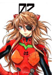 Rule 34 | 1girl, blue eyes, bodysuit, evangelion: 3.0 you can (not) redo, eyepatch, highres, interface headset, looking at viewer, multicolored bodysuit, multicolored clothes, neon genesis evangelion, orange bodysuit, pilot suit, plugsuit, rebuild of evangelion, red bodysuit, sao (saowee), smug, solo, souryuu asuka langley, traditional media, white background