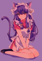 Rule 34 | 1girl, animal ears, apron, bell, breasts, cat ears, cat girl, cat tail, chinese clothes, commentary request, hair bell, hair ornament, highres, long hair, looking at viewer, maid headdress, medium breasts, purple hair, ranma 1/2, red eyes, rumic 0620, seiza, shampoo (ranma 1/2), short sleeves, sidelocks, simple background, sitting, slippers, solo, tail