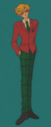 Rule 34 | 1girl, bishoujo senshi sailor moon, bishoujo senshi sailor moon s, blazer, blonde hair, blue eyes, breast pocket, closed mouth, collared shirt, commentary request, crossdressing, film grain, full body, green necktie, green pants, hair over one eye, hands in pockets, head tilt, jacket, legs together, light smile, loafers, long legs, long sleeves, looking at viewer, messy hair, mugen gakuen school uniform, necktie, pants, pikurusu, plaid, plaid pants, pocket, red jacket, reverse trap, school uniform, shirt, shoes, short hair, solo, star (symbol), star print, striped necktie, ten&#039;ou haruka, very short hair, white shirt, wing collar