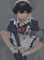 Rule 34 | ambiguous gender, black footwear, black hair, bow, bucket, check copyright, closed mouth, collarbone, copyright request, eyes visible through hair, frills, hair between eyes, hatching (texture), highres, looking at viewer, maid, maid headdress, mylenkun, puffy sleeves, red bow, red neckwear, short hair, sitting, socks, solo, wash cloth, white socks, yellow eyes