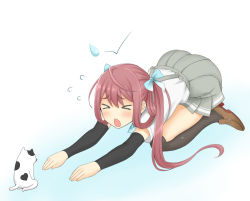 Rule 34 | &gt; &lt;, 10s, 1girl, arm warmers, asagumo (kancolle), batsubyou, black socks, brown hair, cat, chestnut mouth, closed eyes, flying sweatdrops, grey skirt, hair ribbon, heart, kantai collection, kneehighs, lang (chikage36), loafers, open mouth, pleated skirt, ribbon, school uniform, seiza, shoes, simple background, sitting, skirt, socks, suspenders, thighhighs, twintails, white background