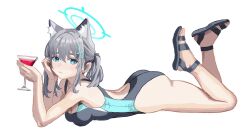 Rule 34 | 1girl, animal ear fluff, animal ears, black footwear, black one-piece swimsuit, blue archive, blue eyes, blue halo, blue one-piece swimsuit, blush, breasts, closed mouth, cocktail glass, commentary, cup, drinking glass, earrings, feet, feet up, from side, full body, hair between eyes, halo, hands up, highres, holding, jewelry, legs, long hair, looking at viewer, lying, medium breasts, on stomach, one-piece swimsuit, sandals, shiren (ourboy83), shiroko (blue archive), shiroko (swimsuit) (blue archive), sidelocks, simple background, solo, stud earrings, swimsuit, symbol-only commentary, the pose, thighs, toes, two-tone swimsuit, white background