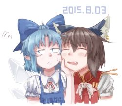 Rule 34 | 2girls, animal ears, blue hair, bow, brown hair, cat ears, chen, cirno, collared shirt, dated, closed eyes, fang, frown, hair bow, hand on own face, ice, ice wings, kabu (yuyuibob), multiple girls, mundane utility, neck ribbon, no headwear, open mouth, pointy ears, ribbon, shirt, short hair, short sleeves, sketch, sweatdrop, touhou, white background, wings