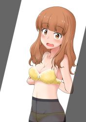 Rule 34 | 1girl, arms behind back, blunt bangs, blush, bow, bow bra, bra, breasts, cleavage, commentary, cowboy shot, embarrassed, girls und panzer, groin, highres, ikuno (ramaki4kan), lace, lace-trimmed bra, lace trim, long hair, looking at viewer, medium breasts, navel, open mouth, orange eyes, orange hair, panties, panties under pantyhose, pantyhose, polka dot, polka dot bra, removing bra, solo, standing, takebe saori, underwear, underwear only, yellow bra, yellow panties
