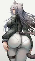 Rule 34 | 1girl, animal ear fluff, animal ears, arknights, ass, breasts, cat ears, cat girl, cat tail, from behind, highres, huge ass, kacyu, large breasts, long hair, looking at viewer, looking back, official alternate costume, pants, schwarz (arknights), schwarz (skyline) (arknights), silver hair, solo, tail, thighs, white background, yellow eyes
