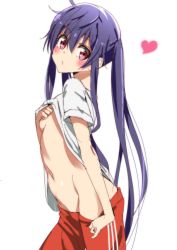 Rule 34 | 1girl, ahoge, bad id, bad pixiv id, blue hair, blush, breasts, clothes lift, clothes pull, ebisuzawa kurumi, from side, gakkou gurashi!, groin, hair between eyes, head tilt, heart, highres, lifted by self, long hair, looking at viewer, pants, pants pull, pulled by self, red eyes, red pants, shirt, shirt lift, sideboob, simple background, sinakyo, sketch, small breasts, solo, twintails, very long hair, white background, white shirt
