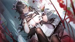 Rule 34 | 1girl, animal ears, animal print, apron, bathtub, bikini, bikini top only, black thighhighs, blood, breasts, covered erect nipples, cow print, eyepatch, fake animal ears, frilled apron, frills, gloves, green eyes, highres, holding, holding knife, knife, large breasts, long hair, looking at viewer, maid, maid apron, maid bikini, maid headdress, open mouth, original, partially submerged, sharp teeth, smile, solo, swimsuit, syandega, teeth, thighhighs, unconventional maid, very long hair, white apron